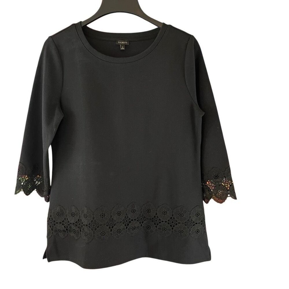 Talbots Black 3/4 Sleeve Lace Trim Sweatshirt Size Medium